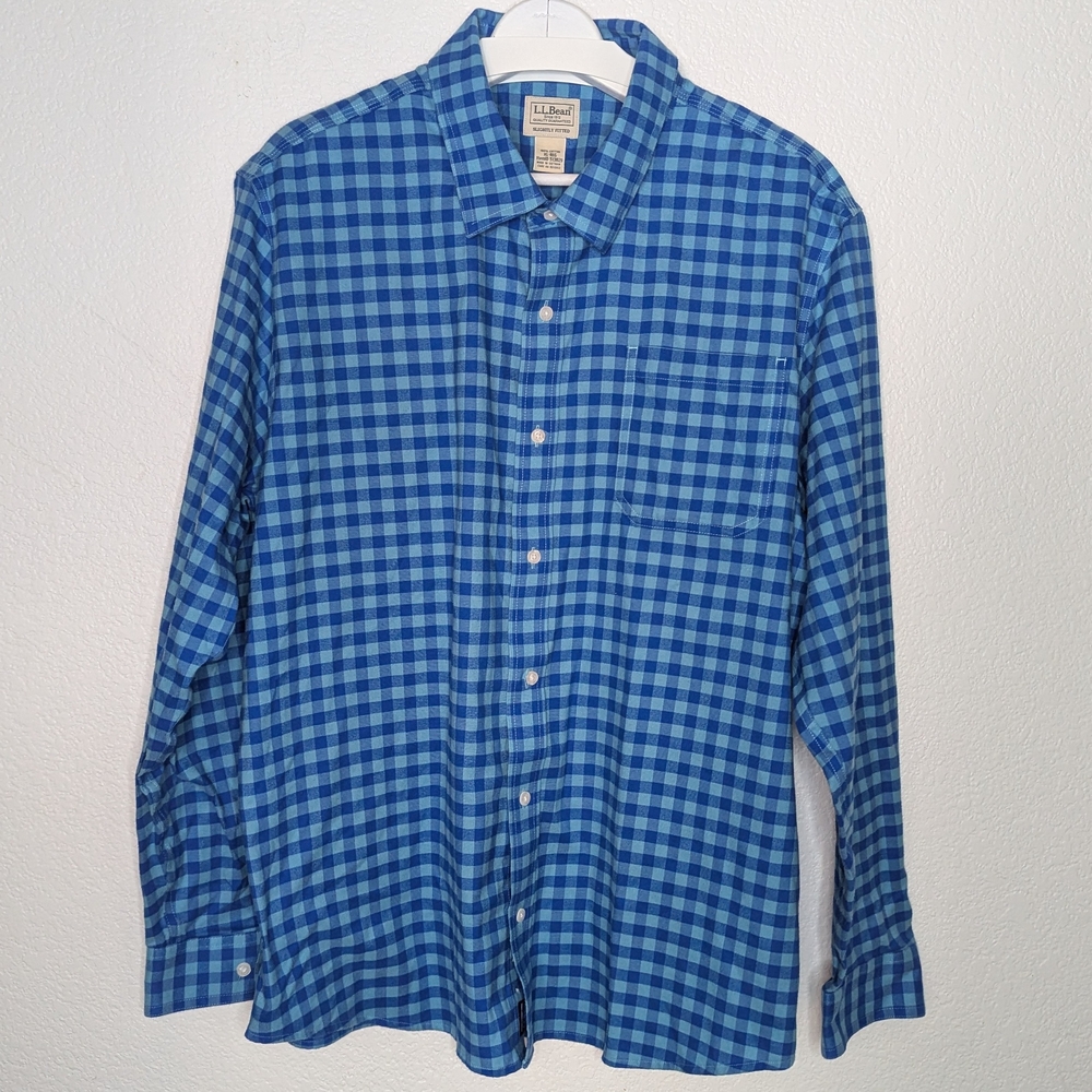 LL Bean Slightly Fitted Shirt Blue Checked Long Sleeve Button Men’s XL
